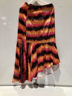 BOX OF PREMIUM DESIGNER APPAREL TO INCLUDE FOREVER UNIQUE MULTI ORANGE MIDI SKIRT WITH FRILL HEM SIZE 8