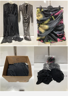 BOX OF PREMIUM DESIGNER APPAREL TO INCLUDE FOREVER UNIQUE BLACK LONG DRESS SIZE 10