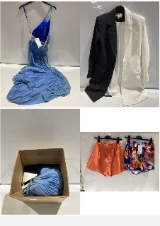 BOX OF PREMIUM DESIGNER APPAREL TO INCLUDE FOREVER UNIQUE SAX BLUE STRAPLESS MIDI DRESS SIZE 6