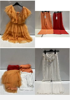 BOX OF PREMIUM DESIGNER APPAREL TO INCLUDE FOREVER UNIQUE ORANGE WIDE LEG TROUSERS SIZE 8