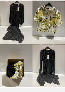 BOX OF PREMIUM DESIGNER APPAREL TO INCLUDE FOREVER UNIQUE MULTI YELLOW PUFF SLEEVE BLOUSE SIZE 10