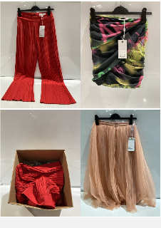 BOX OF PREMIUM DESIGNER APPAREL TO INCLUDE FOREVER UNIQUE RED RUFFLE DETAIL TROUSERS SIZE 6