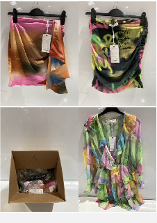 BOX OF PREMIUM DESIGNER APPAREL TO INCLUDE FOREVER UNIQUE MULTI YELLOW MINI SKIRT WITH FRILL DETAIL SIZE 6