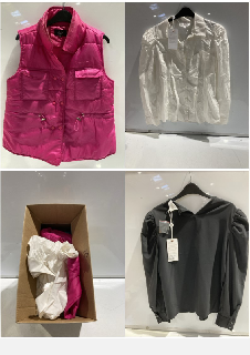 BOX OF PREMIUM DESIGNER APPAREL TO INCLUDE AX PARIS LIGHT PURPLE PADDED BODY WARMER SIZE 10