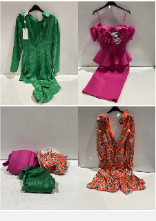 BOX OF PREMIUM DESIGNER APPAREL TO INCLUDE FOREVER UNIQUE GREEN DRESS WITH DRAPED SKIRT DETAIL SIZE 8