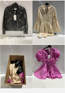 BOX OF PREMIUM DESIGNER APPAREL TO INCLUDE FOREVER UNIQUE PINK DRESS WITH FRONT BOW DETAIL & AND DRAPED SKIRT DETAIL SIZE 12