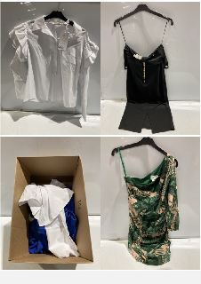 BOX OF PREMIUM DESIGNER APPAREL TO INCLUDE FOREVER UNIQUE GREEN PLANT PRINT DRESS WITH ONE LONG SLEEVE SIZE 10