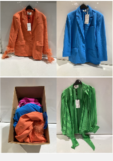 BOX OF PREMIUM DESIGNER APPAREL TO INCLUDE FOREVER UNIQUE BLUE BUTTON BLAZER SIZE 10