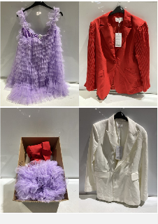 BOX OF PREMIUM DESIGNER APPAREL TO INCLUDE FOREVER UNIQUE RED BUTTON BLAZER WITH RUFFLE DETAIL SLEEVES SIZE 14