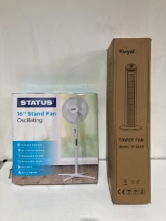 ITEMS TO INCLUDE STATUS 16" STANDING FAN, KUYAL TOWER FAN