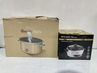 ITEMS TO INCLUDE RUSSELL HOBBS MEDIUM RICE COOKER, SWAN RETRO RANGE 6.5L CREAM SLOW COOKER