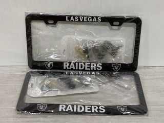 BOX OF ASSORTED ITEMS TO INCLUDE RAIDERS NUMBER PLATE HOLDERS