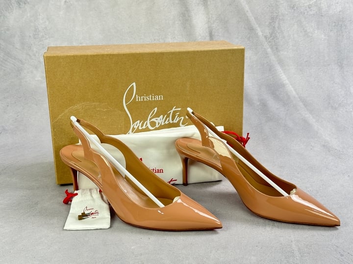 Christian Louboutin Hot Chick 70 Patent-Leather Slingback Sandal, With Box, Dust Bags And Spare Heel Tips - Size 39.5