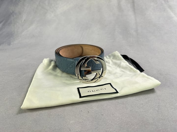 Gucci Monogram Blue Belt With Dust Bag REF:411924/CWC1N - Size 90.36 (VAT ONLY PAYABLE ON BUYERS PREMIUM)