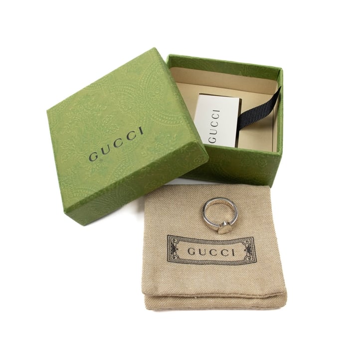 Gucci Trademark Sterling Silver Heart-Shaped Ring, Size M With Box And Dust Bag