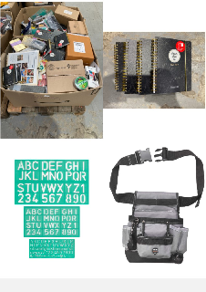 PALLET OF ASSORTED ITEMS INCLUDING FANNY PACK FOR TOOLS.