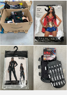 PALLET OF ASSORTED ITEMS INCLUDING SUPERMAN COSTUME WITH MUSCLES FOR ADULTS.