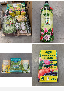 PALLET WITH A VARIETY OF ARTICLES FOR GARDENING INCLUDING FERTILIZER GERANIUMS BATLLE VEGETABLE GARDEN AND GARDENING.