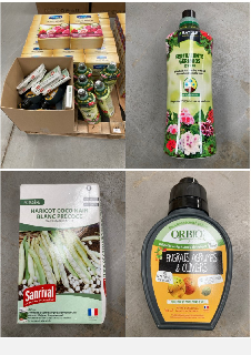 PALLET OF ASSORTED GARDEN ARTICLES INCLUDING GERANIUM FERTILIZER 1250ML BATLLE BRAND.