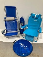 4 X ASSORTED OUTDOOR ITEMS INCLUDING BLUE AKTIVE FOLDING CHAIR (BROKEN VISOR).