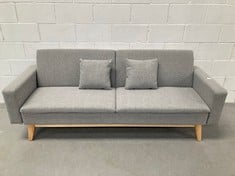 SOFA BED YUQUE TWO SEATER SOFA BED GREY COLOUR WOODEN LEGS WITH CUSHIONS.(DAMAGED)