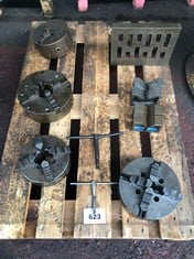 Pallet Comprising of 4 Assorted Chucks, 1 Plate, and 4 V Blocks