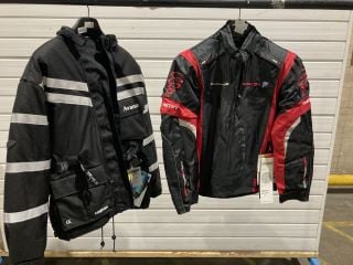 BUFFALO TWISTER MODEL RED BLACK & WHITE MOTORCYCLE JACKET (SIZE S) TO INCLUDE  WEISE AVANCE SYMPATAX JACKET BLACK ICE GREY (SIZE S)