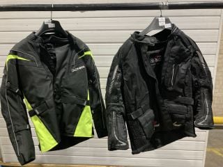 DUCHINNI RIDING JACKET BLACK NEON GREEN (SIZE L) TO INCLUDE WEISE BLACK WITH GREY & RED ACCENTS MOTORCYCLE JACKET (SIZE 44/L)