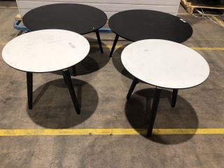 X2 WHITE 3 LEGGED CIRCLE COFFEE TABLE TO INCLUDE X 2 BLACK WOODEN COFFEE TABLES