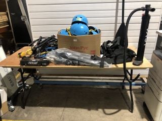 ASSORTMENT OF SCUBA GEAR TO INCLUDE HELMETS PADDLE AND REBREATHER MOUTHPIECES