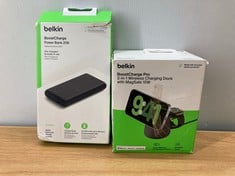 BELKIN BOX OF ASSORTED ITEMS TO INCLUDE STICH HEADPHONES AUDIO ACCESSORY AND POWER BANKS. (WITH BOX) [JPTC72740]