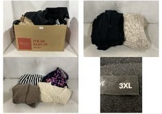 BOX OF ASSORTED CLOTHES TO INCLUDE SHIEN CURVE BLACK WOOL JACKET - SIZE 3XL