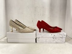 XY LONDON RED FAUX SUEDE HEELS - SIZE 5 TO INCLUDE AARZ LONDON GOLD DIAMANTE HEELS - SIZE 5