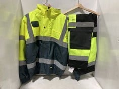 CRAZE WORK TROUSERS BLACK/HI-VIS YELLOW - SIZE 32S TO INCLUDE STAND SAFE HI-VIS SAFETY COAT WITH HOOD - SIZE L