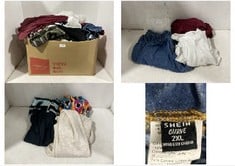 BOX OF ASSORTED CLOTHES TO INCLUDE SHIEN CURVE BLUE DENIM SHORTS - SIZE 2XL