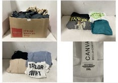 BOX OF ASSORTED CLOTHES TO INCLUDE GILDAN WHO'S TAYLOR SWIFT ANYWAY? WHITE T-SHIRT - SIZE M