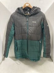 REGATTA HOODED PUFFER JACKET DARK GREY/GREEN SIZE UNKNOWN