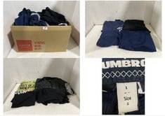 BOX OF ASSORTED ADULT CLOTHING TO INCLUDE PRETTY GREEN ZIPPED TRACK JACKET NAVY SIZE SM