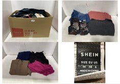 BOX OF ASSORTED ADULTS CLOTHING TO INCLUDE MENS JACK AND JONES CARGO SHORTS IN BLACK SIZE L