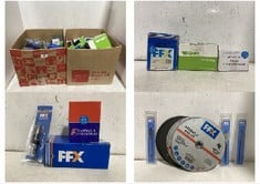 BOX OF ASSORTED TOOLS TO INCLUDE FFX INOX METAL CUTTING DISK