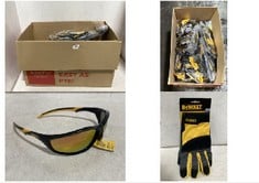 BOX OF ASSORTED ITEMS TO INCLUDE DEWALT OPEN FINGER PERFORMANCE GLOVES- SIZE LARGE