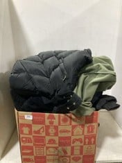 BOX OF ASSORTED ADULT CLOTHING TO INCLUDE PINK BOUTIQUE HOODED LONG PADDED PUFFER COAT BLACK SIZE 16