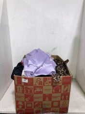 BOX OF ASSORTED ADULT CLOTHING TO INCLUDE DISNEY X SKINNY DIP CRUELLA SWEATER LILAC SIZE XL