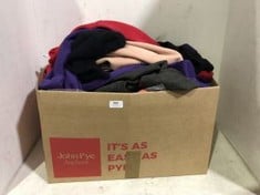 BOX OF ASSORTED ADULT CLOTHING TO INCLUDE UNEEK SWEATER RED SIZE 3XL