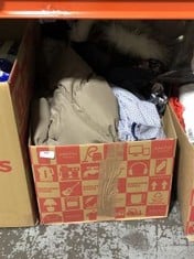 BOX OF ASSORTED ADULT CLOTHING TO INCLUDE NEXT LONG SLEEVE SHIRT BLUE/WHITE PATTERN SIZE 4X LARGE