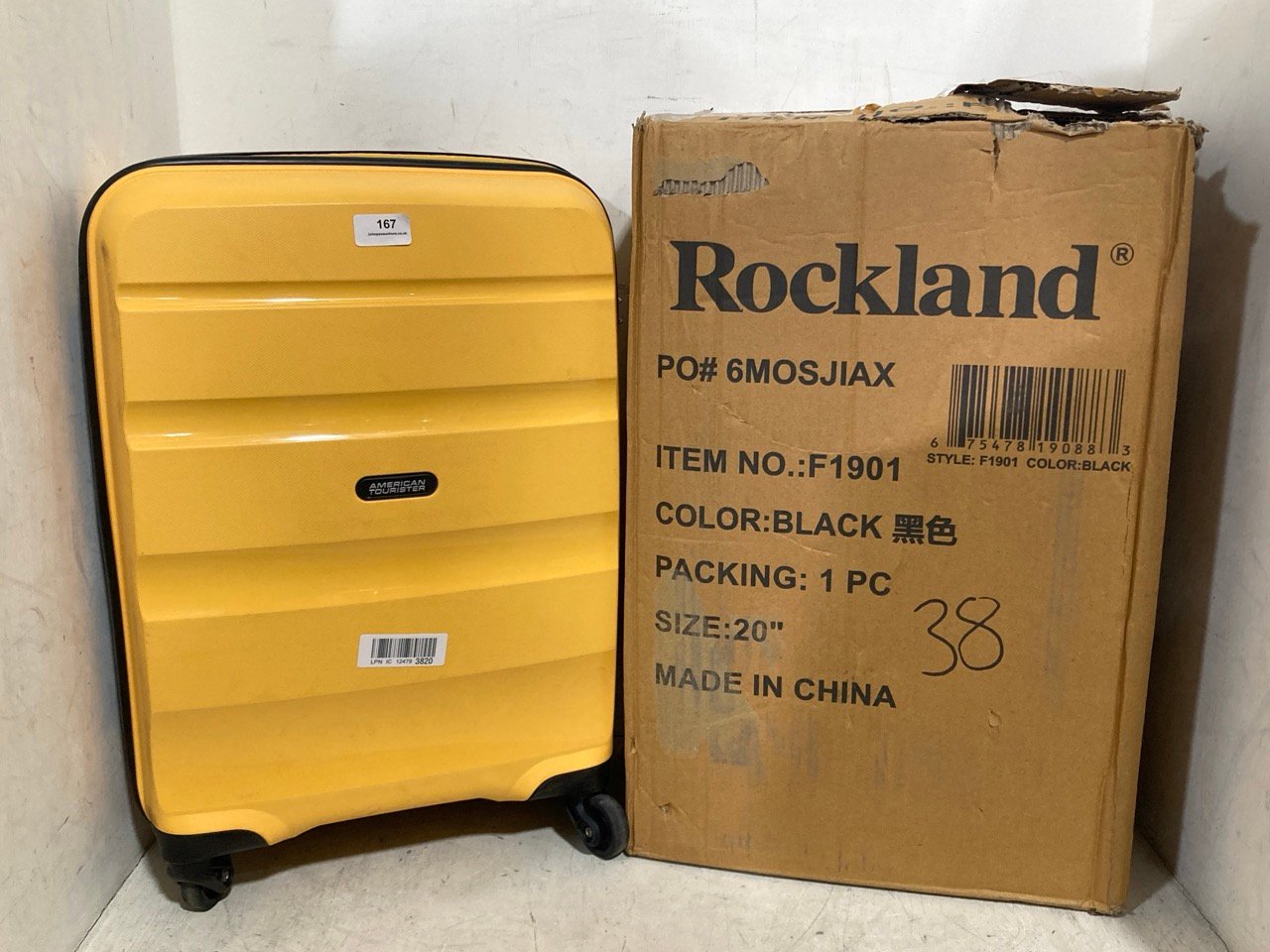 AMERICAN TOURISTER YELLOW 4 WHEEL SUITCASE TO INCLUDE ROCKLAND BLACK 4 WHEEL SUITCASE