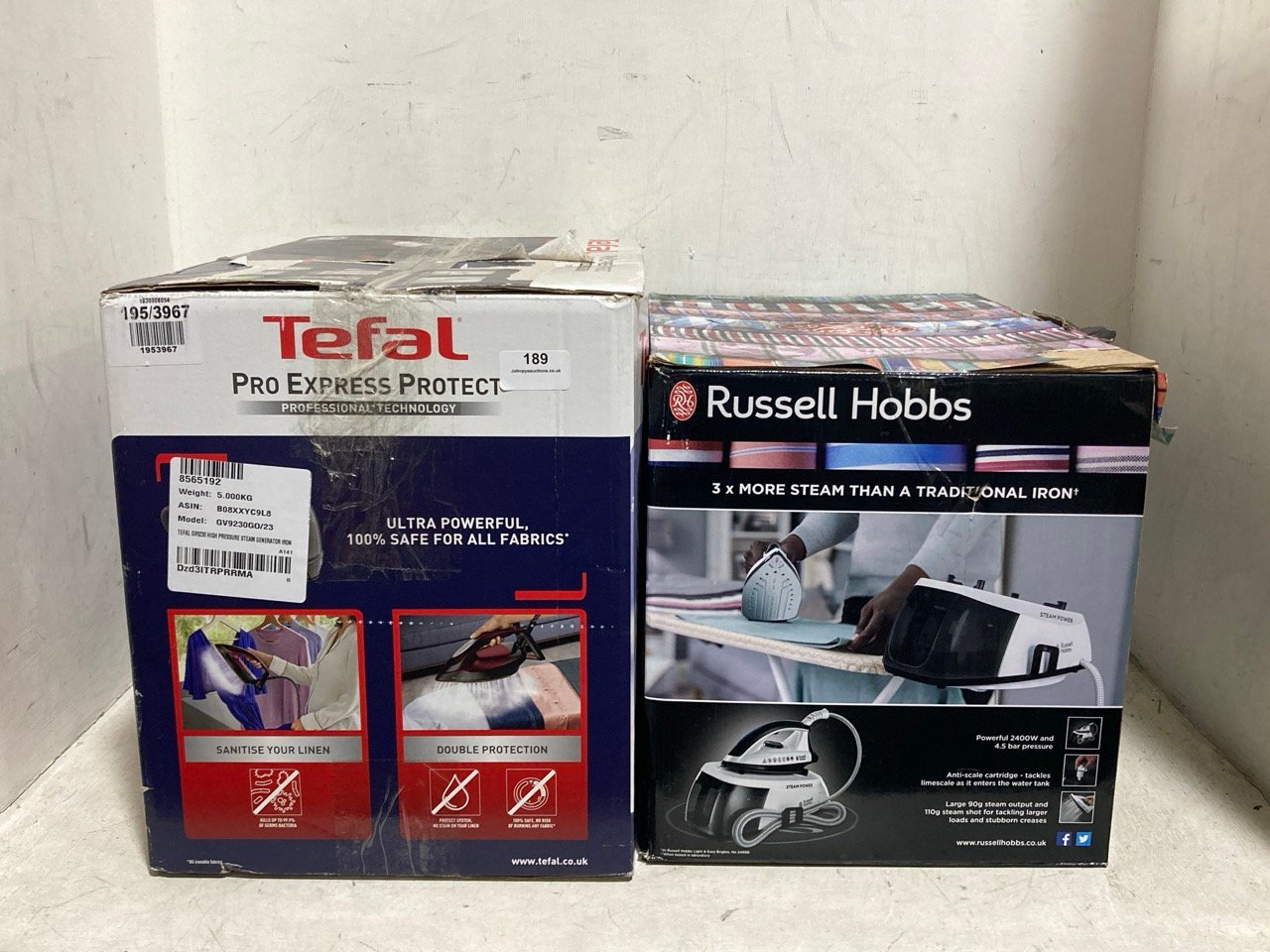 TEFAL PRO EXPRESS HIGH PRESSURE STEAM GENERATOR IRON GV9230 - RRP £199 TO INCLUDE RUSSELL HOBBS STEAM POWER STEAM GENERATOR IRON