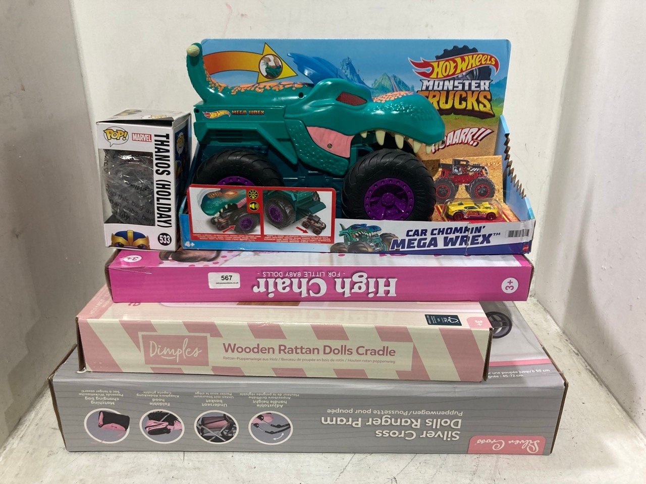 5 X ASSORTED TYS TO INCLUDE HOT WHEELS MONSTER TRUCKS CAR CHOMPIN MEGA WREX