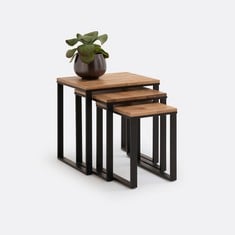 LA REDOUTE SET OF HIBA SOLID OAK & STEEL NESTING TABLES IN NATURAL / BLACK - ITEM NO. GIS235 - RRP £325