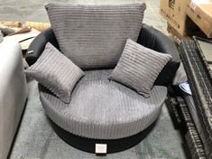 CUDDLER SOFA CHAIR IN GREY CORDED WITH SCATTER CUSHIONS